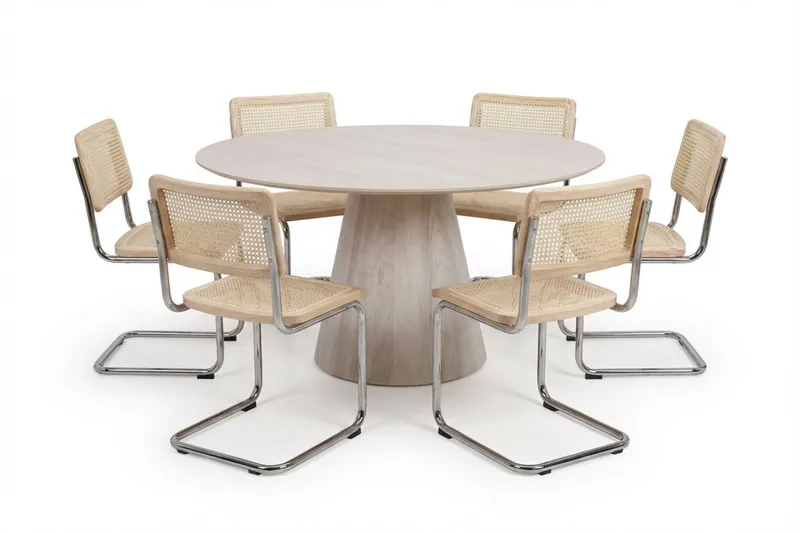 Siena spisegruppe rund 150 cm hvidlaseret med 6 Build spisestole, Hvidlaseret/Natur/krom