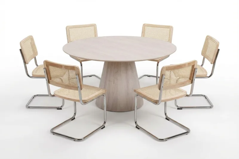 Siena spisegruppe rund 150 cm hvidlaseret med 6 Build spisestole, Hvidlaseret/Natur/krom