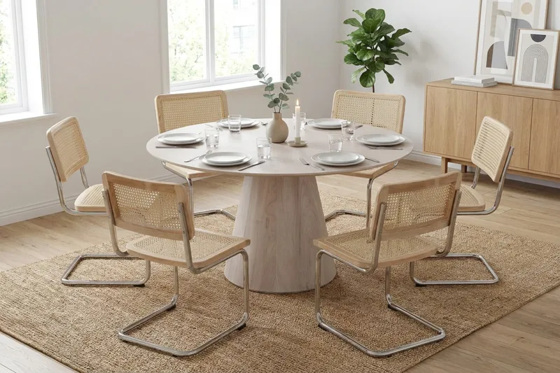 Siena spisegruppe rund 150 cm hvidlaseret med 6 Build spisestole - Hvidlaseret/Natur/krom - Møbler - Borde - Spisebordssæt