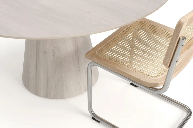 Siena spisegruppe rund 150 cm hvidlaseret med 6 Build spisestole - Hvidlaseret/Natur/krom - Møbler - Borde - Spisebordssæt