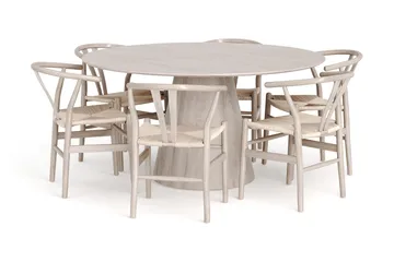 Siena spisegruppe rund 150 cm Hvidlaseret med 6 Dastoori spisestole - Hvidbejdset eg - Møbler - Borde - Spisebordssæt