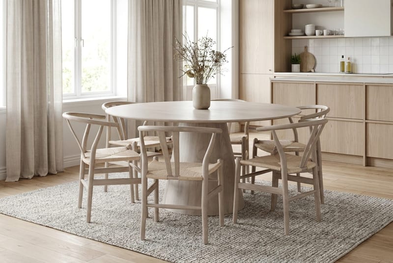 Siena spisegruppe rund 150 cm Hvidlaseret med 6 Dastoori spisestole - Hvidolieret - Møbler - Borde - Spisebordssæt