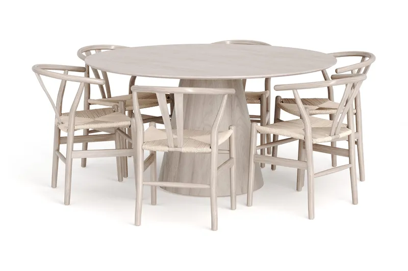 Siena spisegruppe rund 150 cm Hvidlaseret med 6 Dastoori spisestole, Hvidolieret