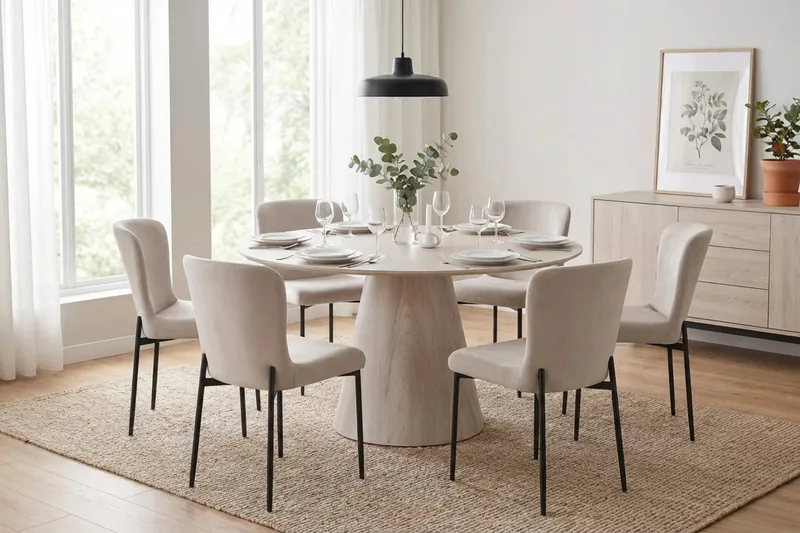 Siena spisegruppe rund 150 cm hvidlaseret med 6 Elsie-spisestole - Hvidlaseret/Beige - Møbler - Borde - Spisebordssæt