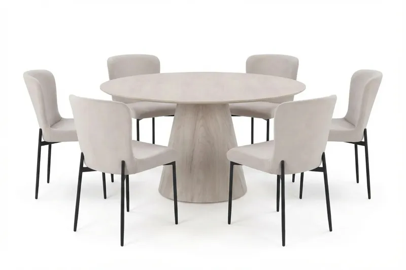 Siena spisegruppe rund 150 cm hvidlaseret med 6 Elsie-spisestole, Hvidlaseret/Beige