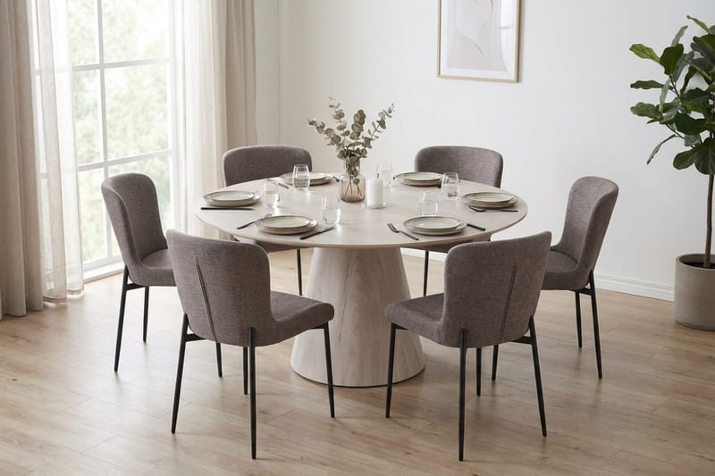 Siena spisegruppe rund 150 cm hvidlaseret med 6 Elsie-spisestole - Hvidlaseret/Brun - Møbler - Borde - Spisebordssæt