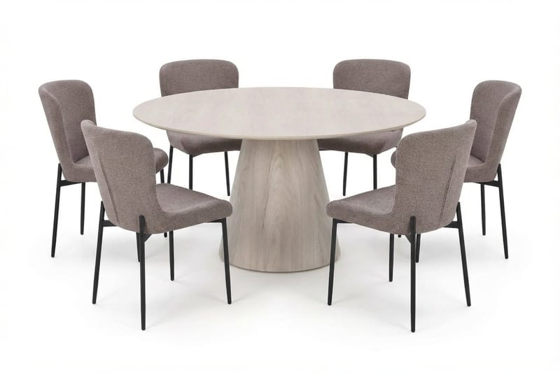 Siena spisegruppe rund 150 cm hvidlaseret med 6 Elsie-spisestole - Hvidlaseret/Brun - Møbler - Borde - Spisebordssæt