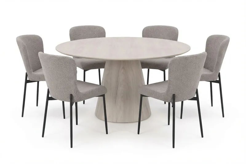 Siena spisegruppe rund 150 cm hvidlaseret med 6 Elsie-spisestole - Hvidlaseret/Lysegrå - Møbler - Borde - Spisebordssæt