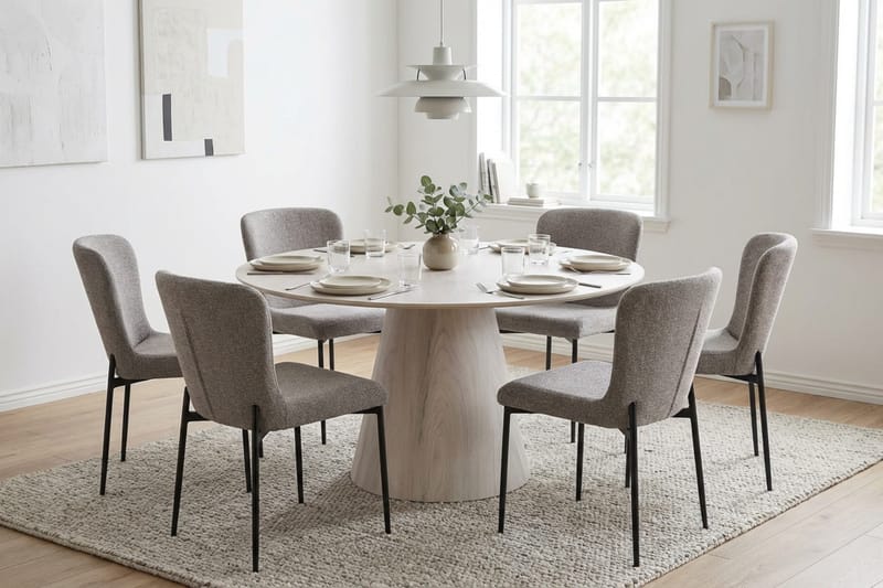 Siena spisegruppe rund 150 cm hvidlaseret med 6 Elsie-spisestole - Hvidlaseret/Lysegrå - Møbler - Borde - Spisebordssæt