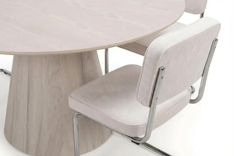 Siena spisegruppe rund 150 cm hvidlaseret med 6 Milva spisestole - Hvidlaseret/Beige/krom - Møbler - Borde - Spisebordssæt