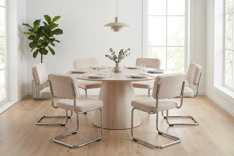 Siena spisegruppe rund 150 cm hvidlaseret med 6 Milva spisestole - Hvidlaseret/Beige/krom - Møbler - Borde - Spisebordssæt