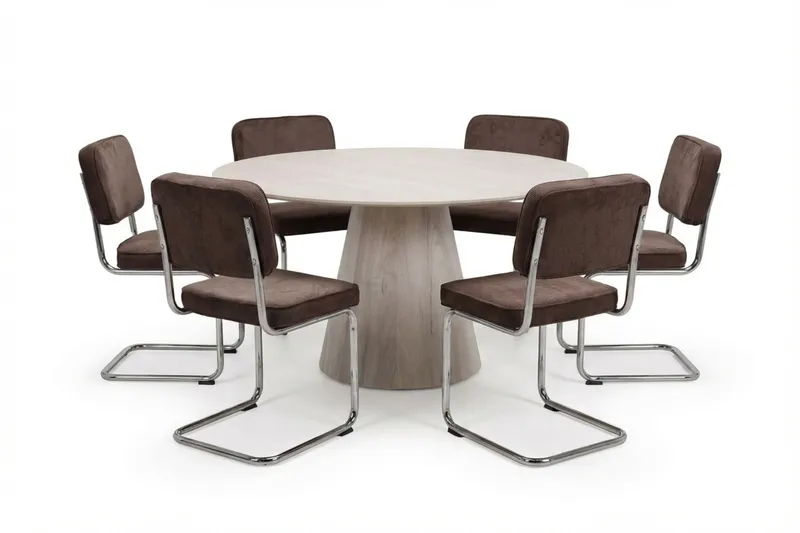 Siena spisegruppe rund 150 cm hvidlaseret med 6 Milva spisestole, Hvidlaseret/Brun/krom