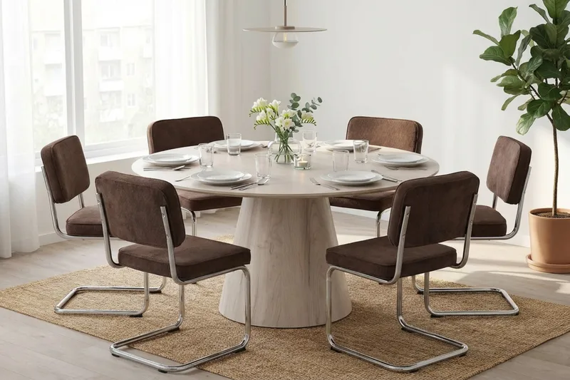 Siena spisegruppe rund 150 cm hvidlaseret med 6 Milva spisestole - Hvidlaseret/Brun/krom - Møbler - Borde - Spisebordssæt