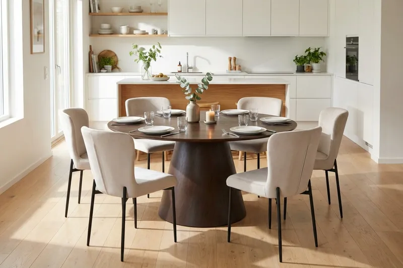 Siena Spisegruppe Rund 150 cm Røget Eg med 6 Elsie Spisestole - Røget Eg/Beige - Møbler - Borde - Spisebordssæt