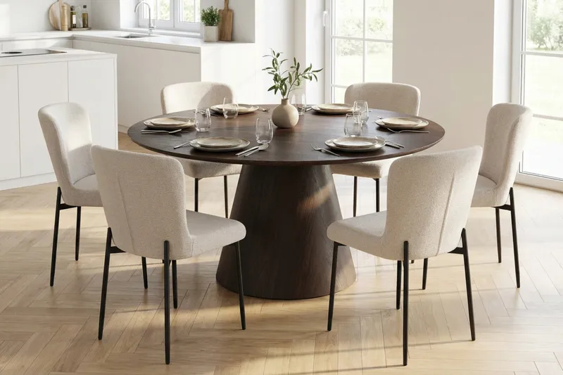 Siena Spisegruppe Rund 150 cm Røget Eg med 6 Elsie Spisestole - Røget Eg/Hvid - Møbler - Borde - Spisebordssæt