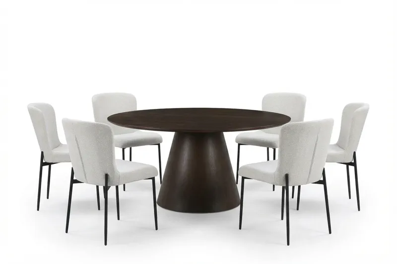 Siena Spisegruppe Rund 150 cm Røget Eg med 6 Elsie Spisestole, Røget Eg/Hvid