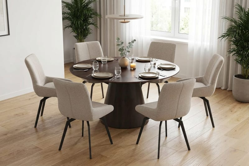 Siena spisegruppe rund 150 cm Røget eg med 6 Mora spisestole - Røget eg - Møbler - Borde - Spisebordssæt
