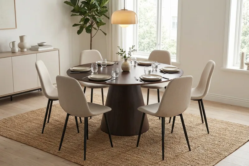 Siena spisegruppe rund 150 cm røget eg med 6 Nibe spisestole - Røget eg - Møbler - Borde - Spisebordssæt