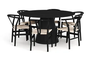 Siena spisegruppe rund 150 cm Sort med 6 Dastoori spisestole - Sortbejdset eg - Møbler - Borde - Spisebordssæt
