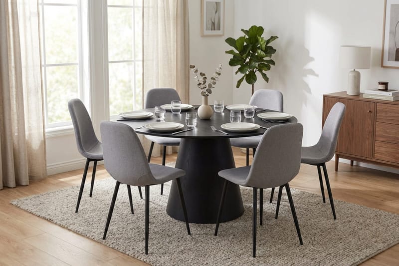 Siena spisegruppe rund 150 cm sort med 6 Nibe spisestole - Sort - Møbler - Borde - Spisebordssæt