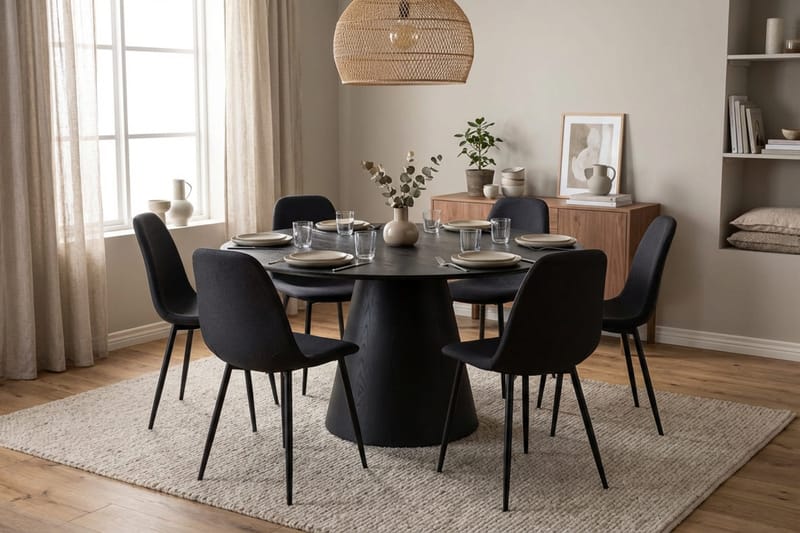 Siena spisegruppe rund 150 cm sort med 6 Nibe spisestole - Sort - Møbler - Borde - Spisebordssæt