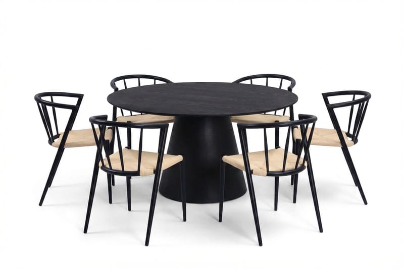 Siena spisegruppe rund 150 cm Sort med 6 Winston spisestole - Sort - Møbler - Borde - Spisebordssæt