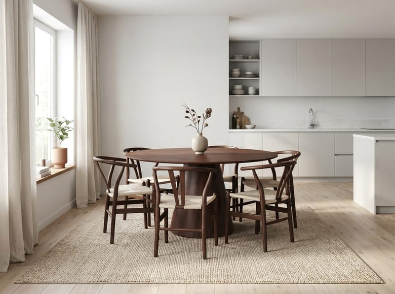 Siena spisegruppe rund 150 cm Valnød med 6 Dastoori spisestole - Valnød - Møbler - Borde - Spisebordssæt