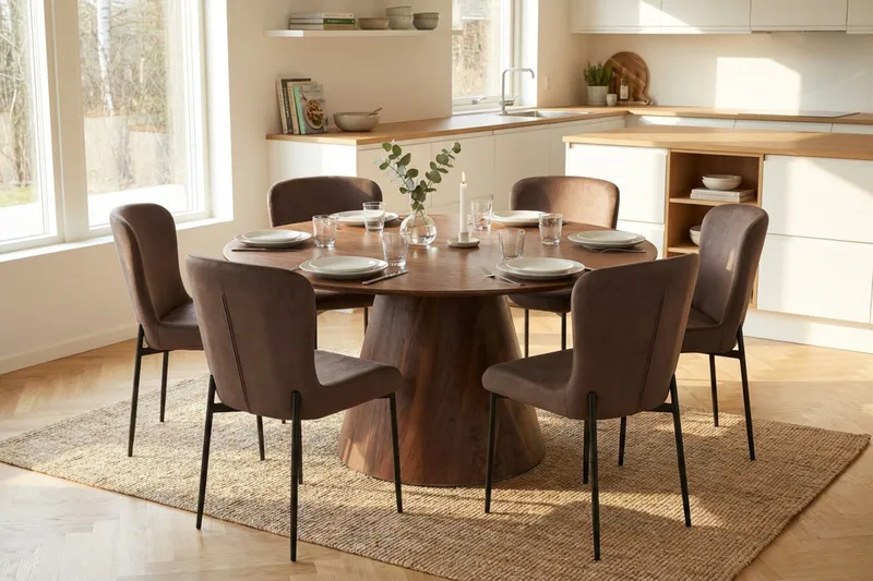 Siena Spisegruppe Rund 150 cm Valnød med 6 Elsie Spisestole - Valnød/Brun - Møbler - Borde - Spisebordssæt