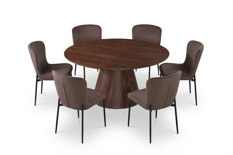 Siena Spisegruppe Rund 150 cm Valnød med 6 Elsie Spisestole, Valnød/Brun