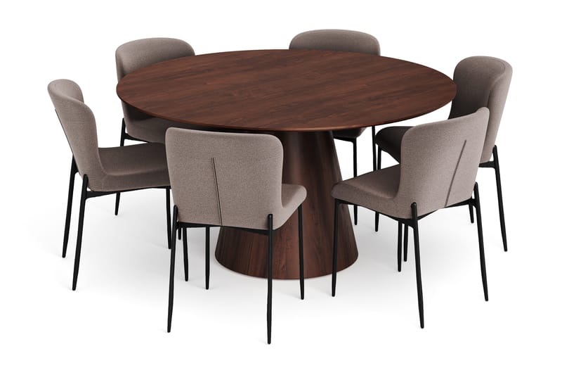 Siena spisegruppe rund 150 cm valnød med 6 Elsie spisestole - Valnød/Grå - Møbler - Borde - Spisebordssæt