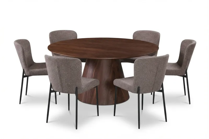 Siena Spisegruppe Rund 150 cm Valnød med 6 Elsie Spisestole - Valnød/Grå - Møbler - Borde - Spisebordssæt