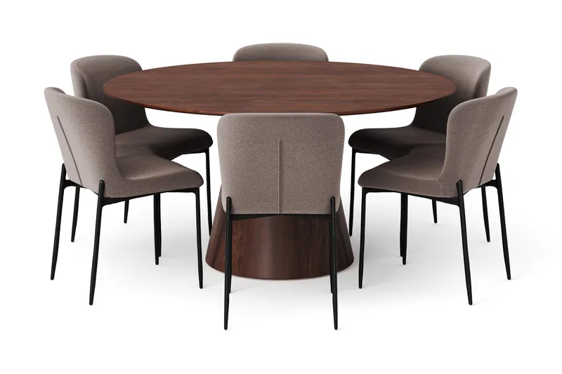 Siena spisegruppe rund 150 cm valnød med 6 Elsie spisestole - Valnød/Grå - Møbler - Borde - Spisebordssæt