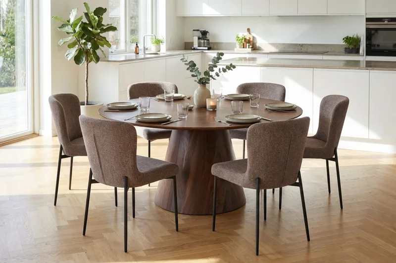 Siena Spisegruppe Rund 150 cm Valnød med 6 Elsie Spisestole - Valnød/Grå - Møbler - Borde - Spisebordssæt