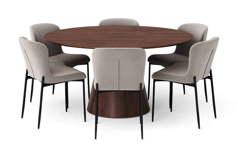 Siena spisegruppe rund 150 cm valnød med 6 Elsie spisestole - Valnød/Lysegrå - Møbler - Borde - Spisebordssæt