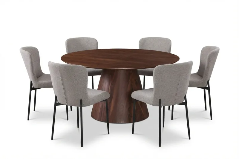 Siena Spisegruppe Rund 150 cm Valnød med 6 Elsie Spisestole, Valnød/Lysegrå