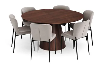 Siena spisegruppe rund 150 cm valnød med 6 Elsie spisestole