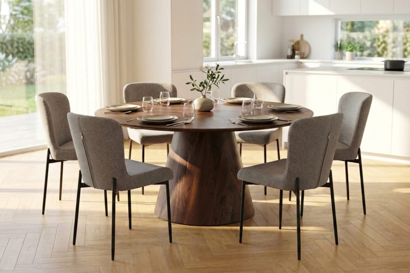 Siena Spisegruppe Rund 150 cm Valnød med 6 Elsie Spisestole - Valnød/Lysegrå - Møbler - Borde - Spisebordssæt
