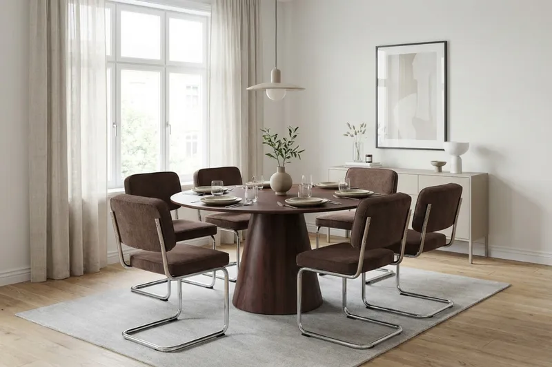 Siena spisegruppe rund 150 cm valnød med 6 Milva spisestole - Valnød - Møbler - Borde - Spisebordssæt