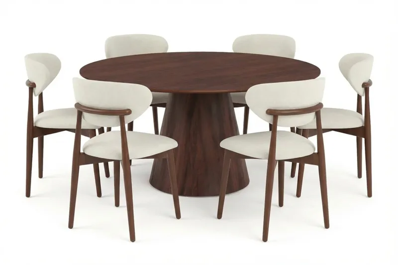 Siena spisegruppe rund 150 cm valnød med 6 Molly spisestole - Valnød - Møbler - Borde - Spisebordssæt