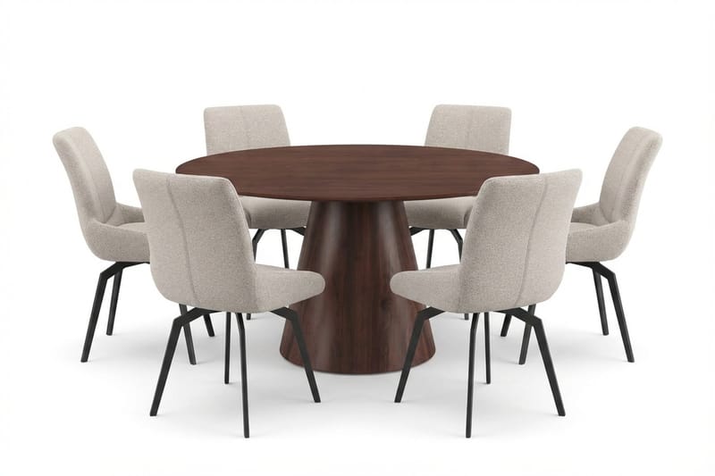 Siena spisegruppe rund 150 cm Valnød med 6 Mora spisestole, Valnød