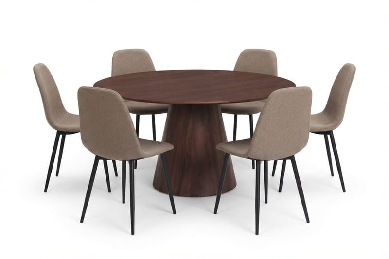 Siena spisegruppe rund 150 cm valnød med 6 Nibe spisestole - Valnød - Møbler - Borde - Spisebordssæt