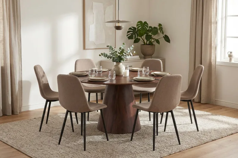 Siena spisegruppe rund 150 cm valnød med 6 Nibe spisestole - Valnød - Møbler - Borde - Spisebordssæt