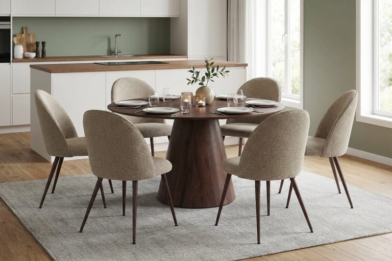 Siena spisegruppe rund 150 cm valnød med 6 Nibe Plus spisebordsstole - Valnød - Møbler - Borde - Spisebordssæt