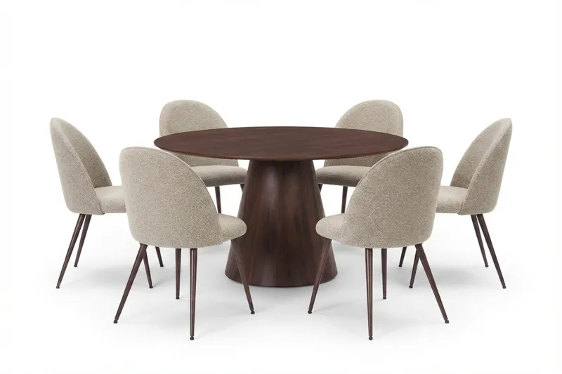 Siena spisegruppe rund 150 cm valnød med 6 Nibe Plus spisebordsstole, Valnød