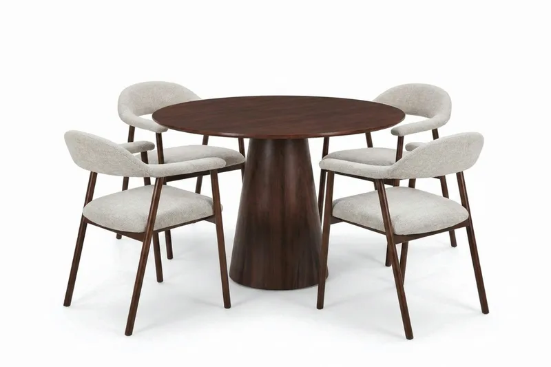 Siena spisegruppe rundt 110 cm valnød med 4 Ronja spisestole, Sand/Valnød