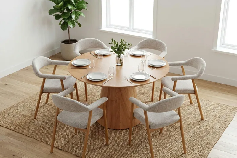 Siena spisegruppe rundt 130 cm eg med 4 Ronja spisestole - Sand/Eg - Møbler - Borde - Spisebordssæt