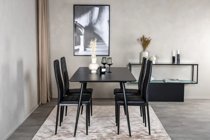 Silar Rektangulær Spisegruppe 120-160 cm med 4 Slim Spisestole, sort