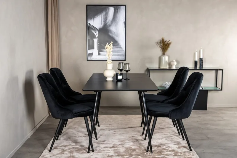 Silar Rektangulær Spisegruppe 120-160 cm med 4 Velvet Deluxe Spisestole, sort