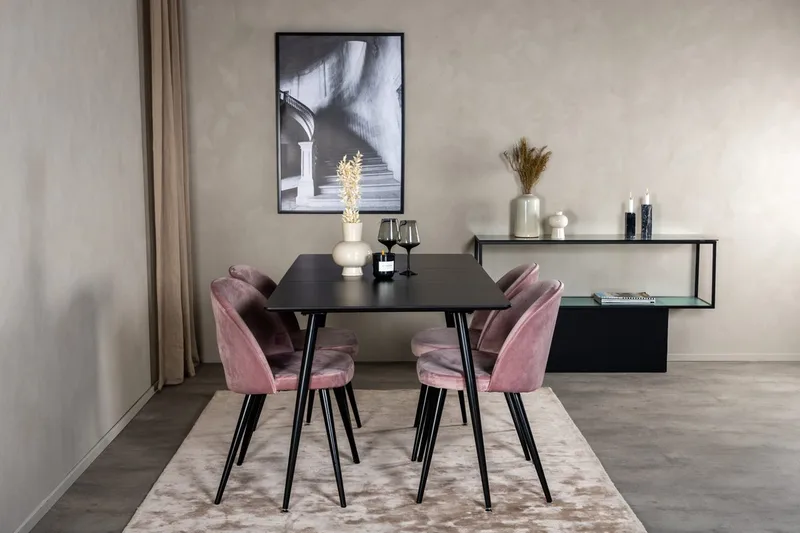 Silar rektangulært spisebordssæt 120-160 cm med 4 Velvet spisebordsstole, gammelrosa