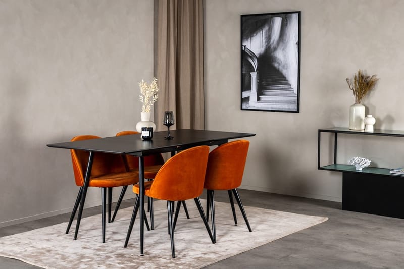 Silar rektangulært spisebordssæt 120-160 cm med 4 Velvet spisebordsstole, rustorange